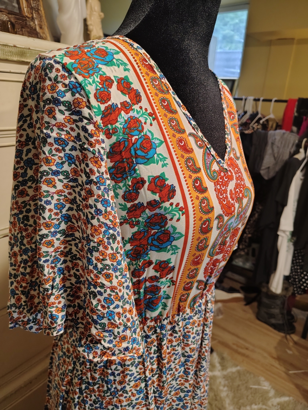 Printed Bohemian V-Neck Maxi Dress in Orange, Red, Blue and Teal - Picture 3 of 16